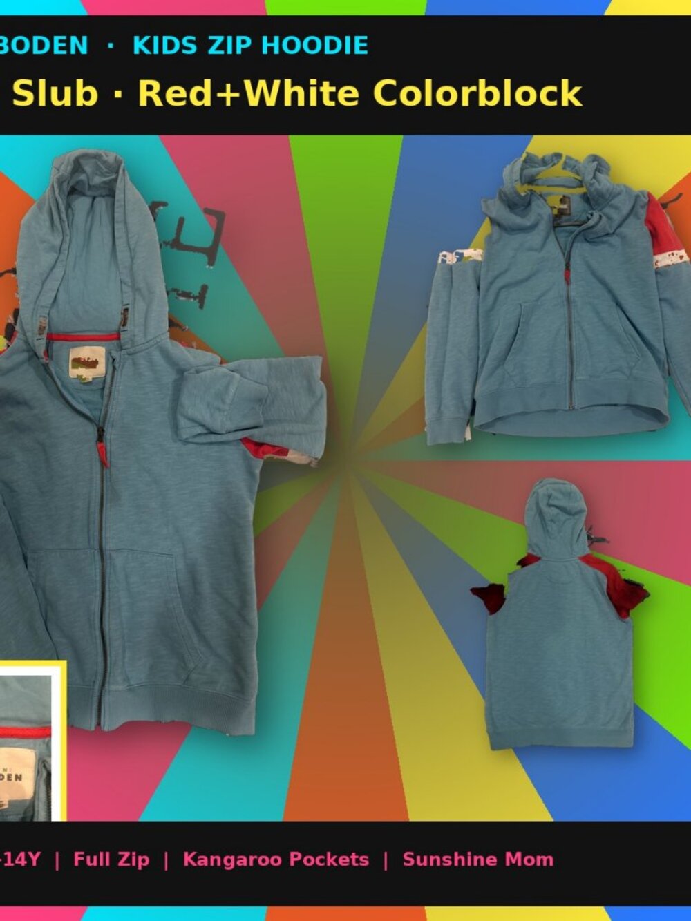 Mini Boden Kids Full Zip Hoodie 13-14Y Teal Slub Knit Red White Colorblock Sleev